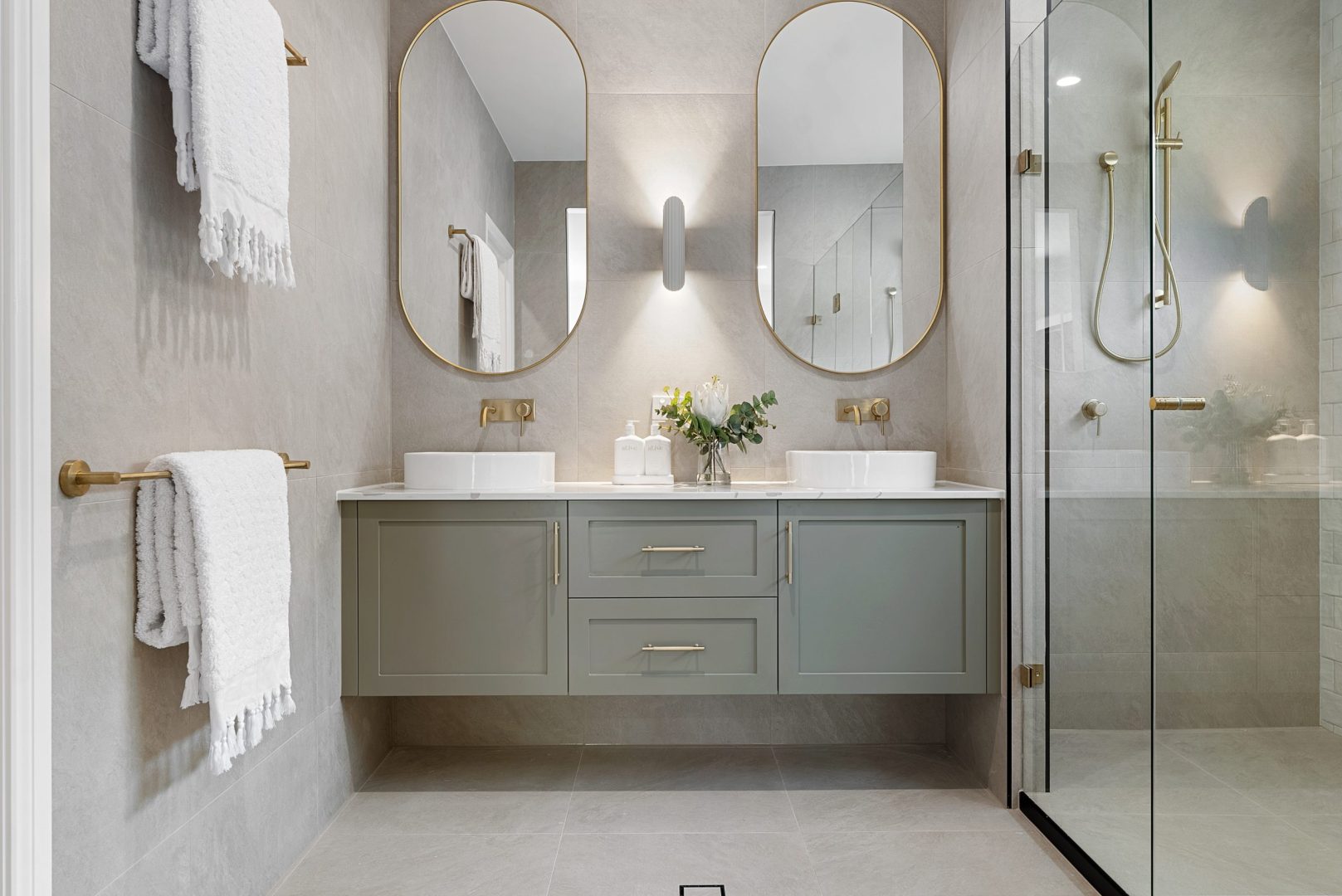 Brisbane Custom Cabinetry Projects | Modern bathroom with sage colour profile doors and gold trimmings
